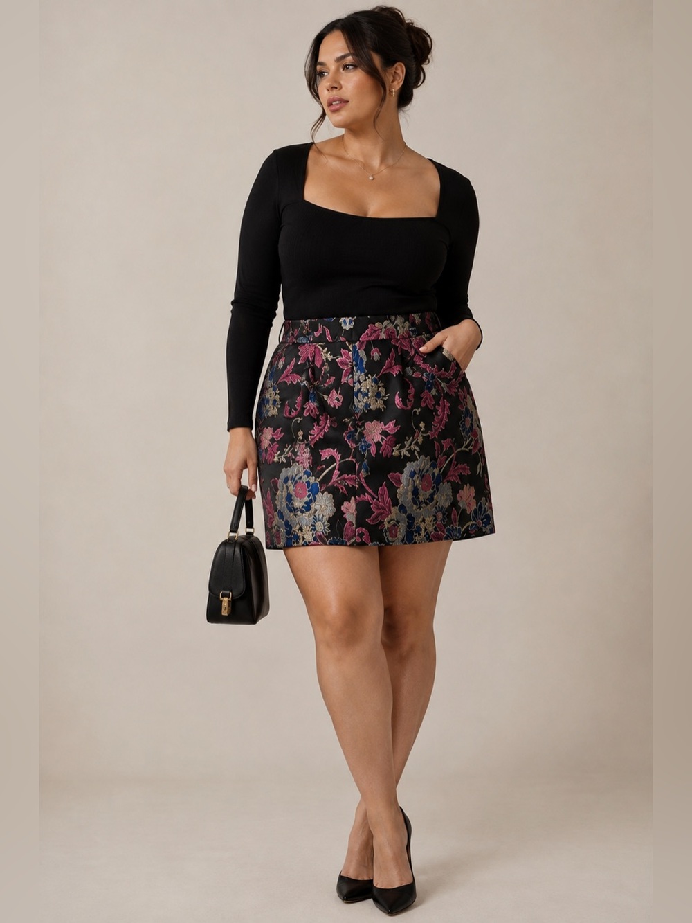 JustFab Size 2X Floral Jacquard Miniskirt with Pockets